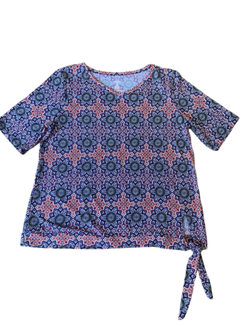 East 5th Top Small Petite Orange Purple Black Geometric Design Side Tie